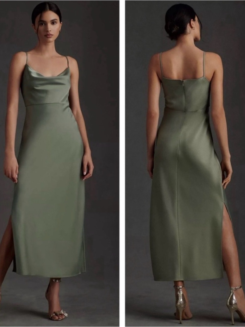 BHLDN Anthropologie Cali Satin Midi Dress Moss green Size 0